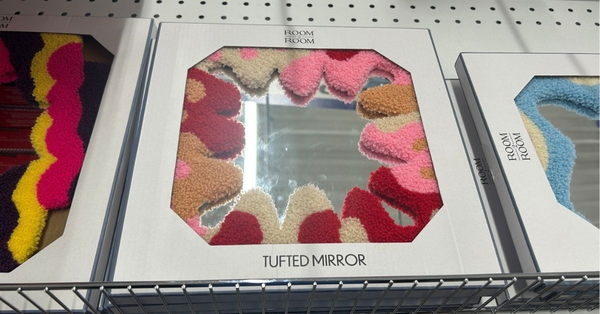 tufted mirror on display