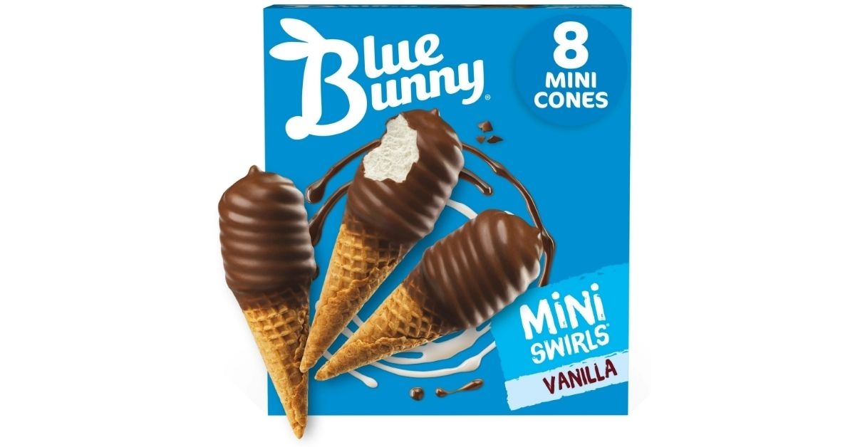 A box of Blue Bunny Mini Swirls Vanilla Cones, 8 count 