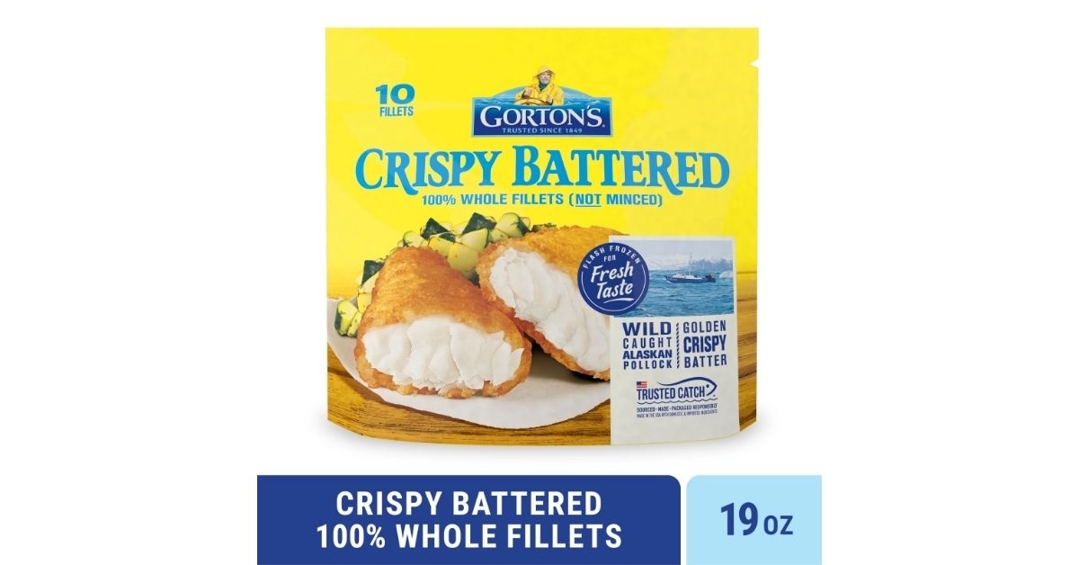 A box of Gorton's Crispy Battered 100% Whole Fillets