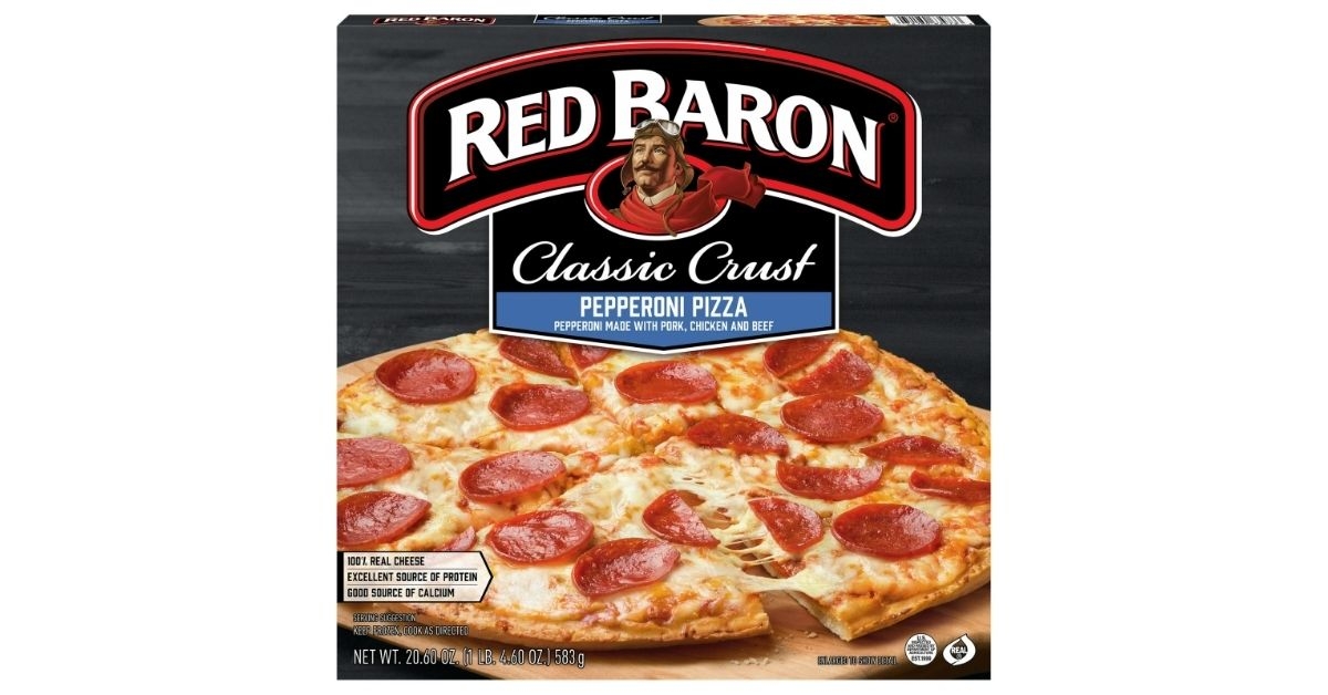 A box of Red Baron Classic Crust Pepperoni Pizza