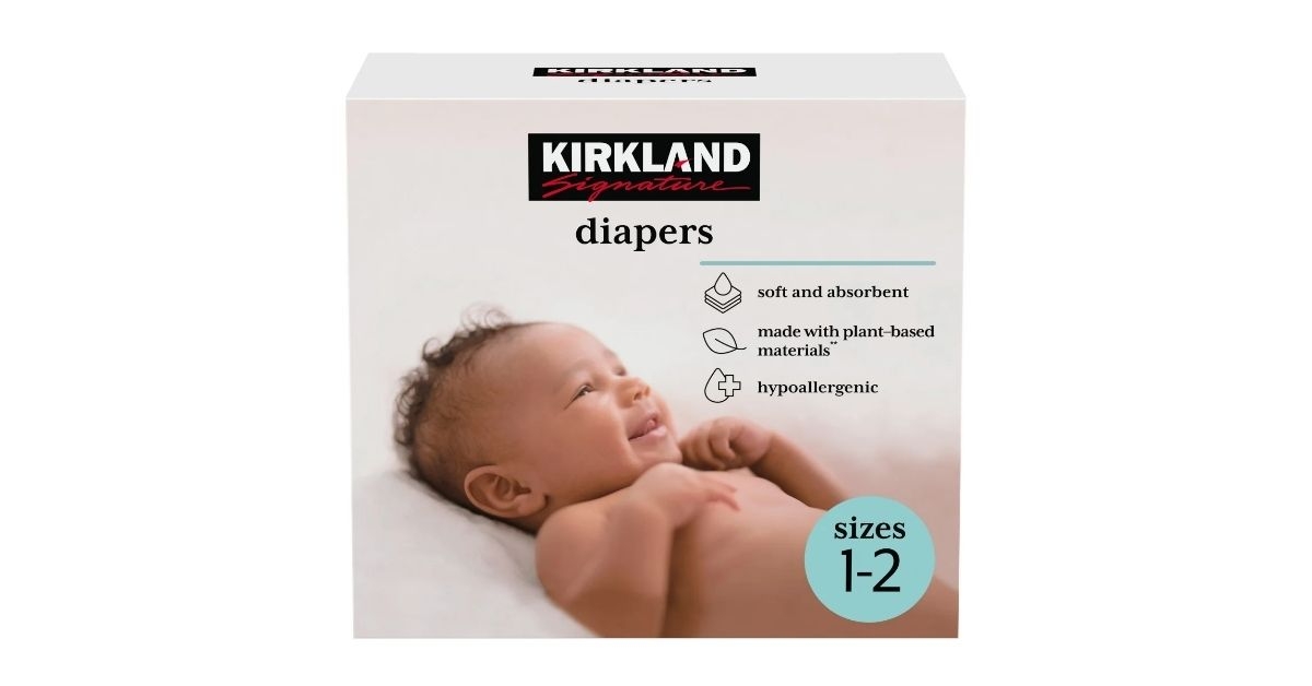 A box of Kirkland Signature Diapers sizes 1 through 2