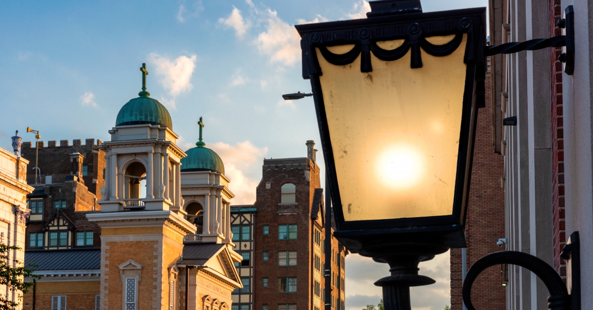 street lamp and downtown buildings