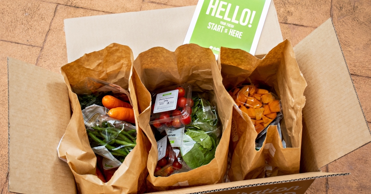 hello fresh meal kits in a cardboard box