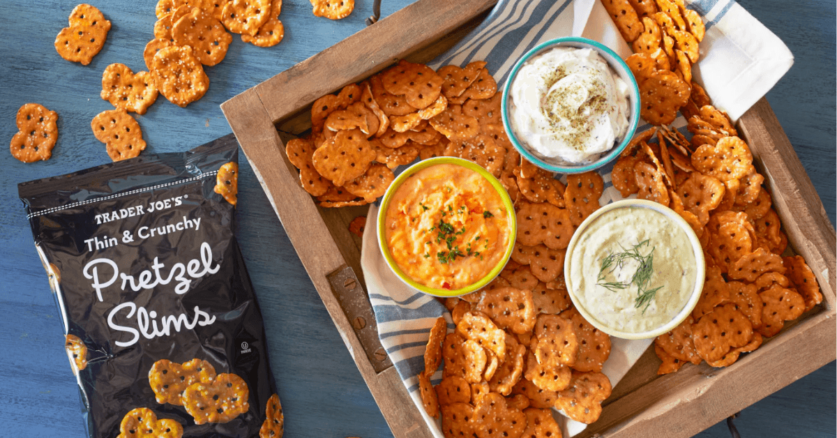 Trader Joe's Pretzel Slims bag and tray with some of the pretzels and dips