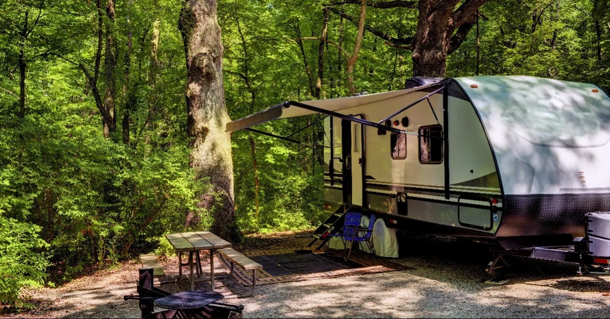 traveler trailer camping in the woods
