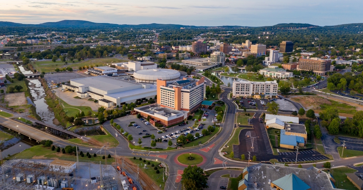 dusk over the downtown urban city center of huntsville alabama