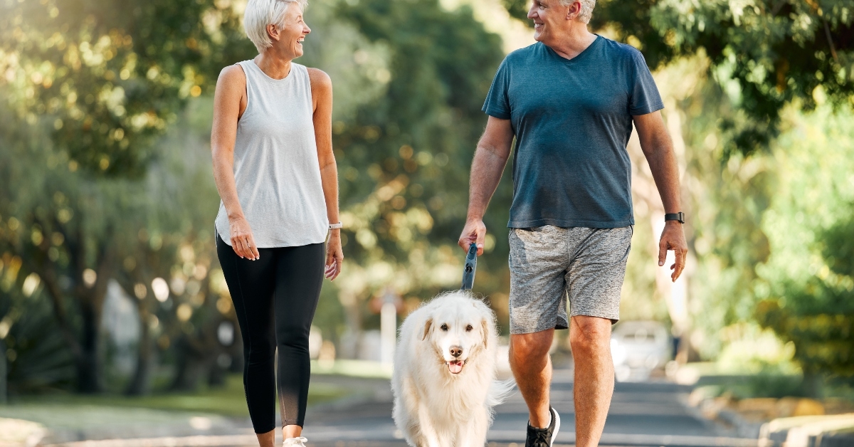 senior couple walking with dog in neighborhood park for relax