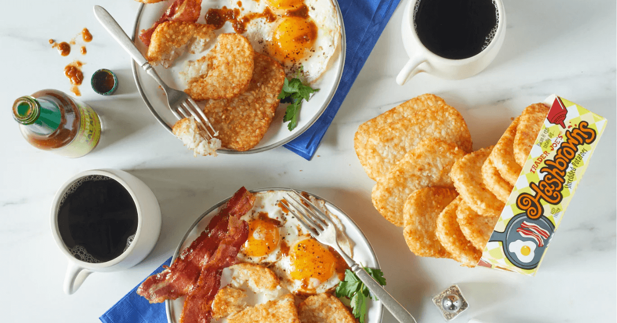 Hashbrowns Trader Joe's two plates with breakfast and coffee