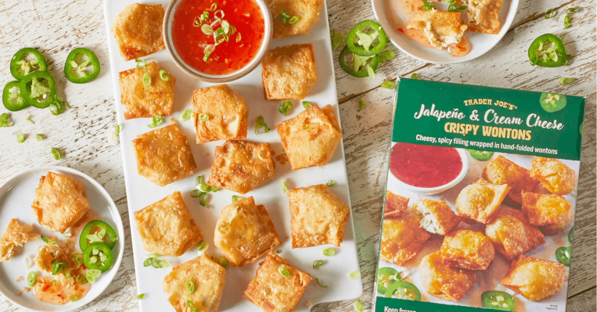 Box and tray with Trader Joe's jalapeno cream cheese wontons