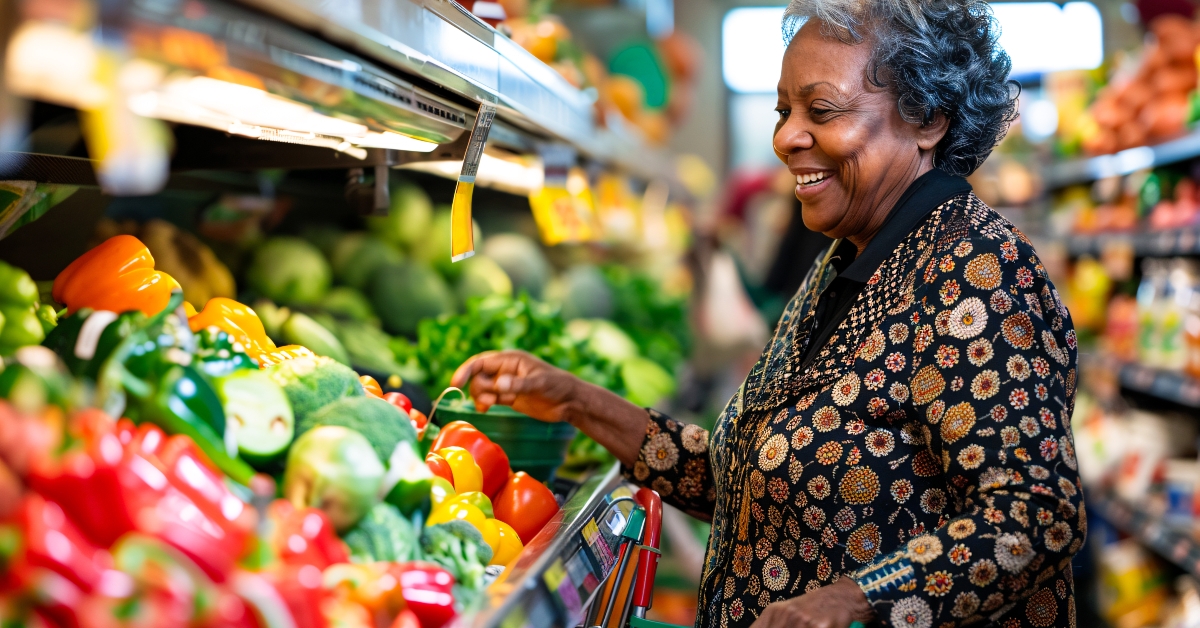senior woman shopping for fresh vegetables