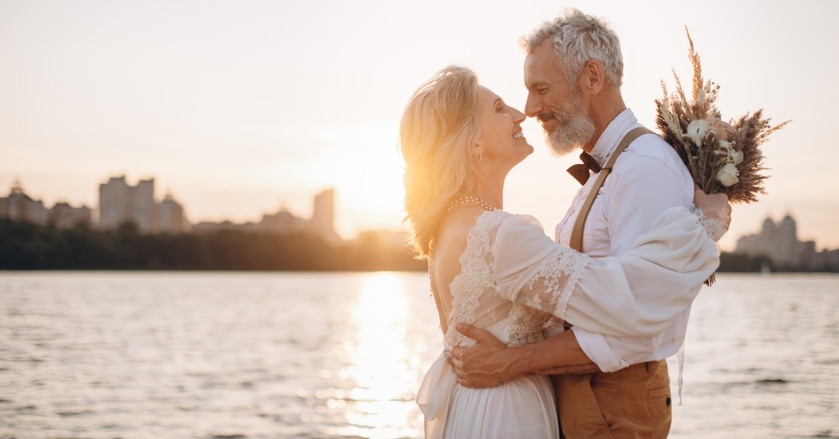 elderly couple in wedding dress