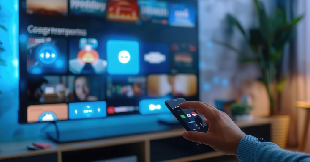 person selecting a streaming app on a smart TV