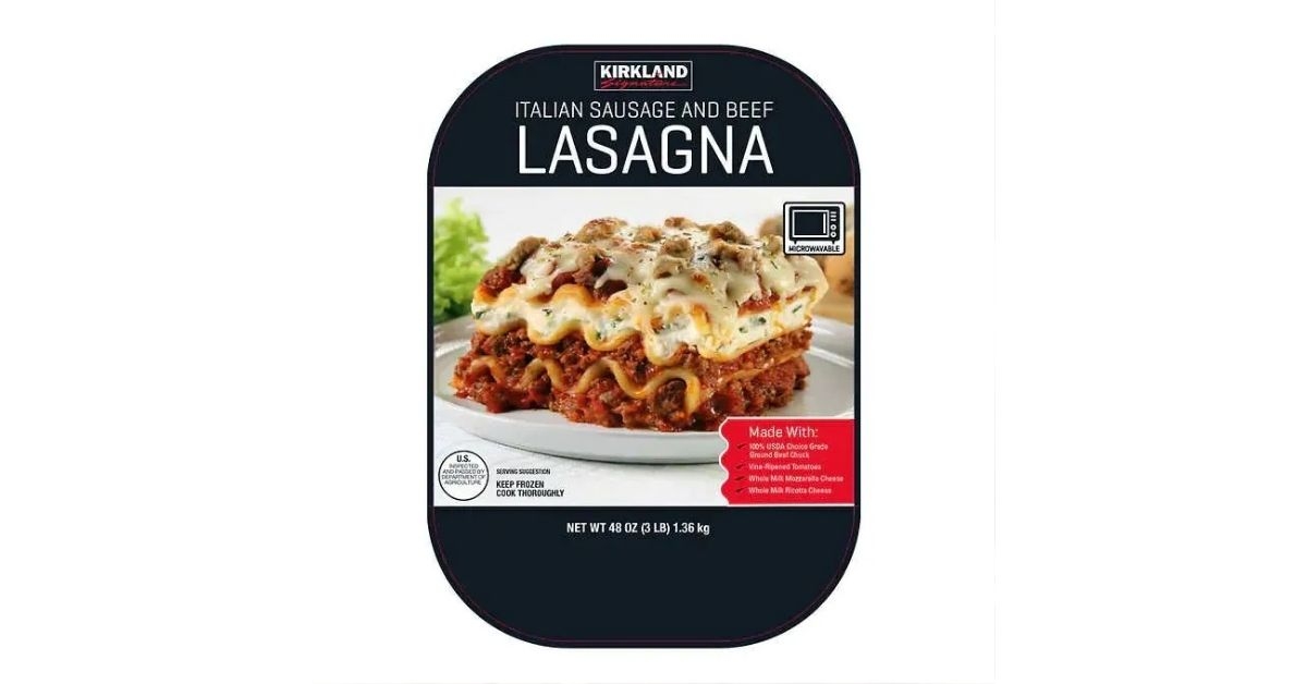 A package of Kirkland Signature Sausage and Beef Lasagna from Costco