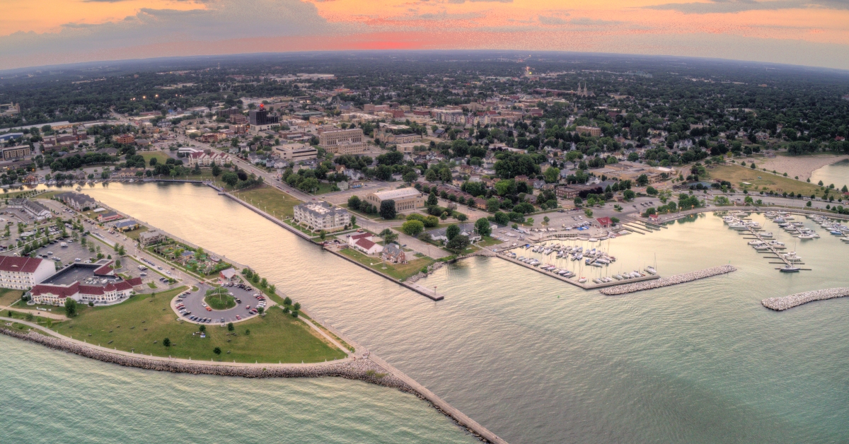 aerial sunset view of sheboygan wisconsin on lake