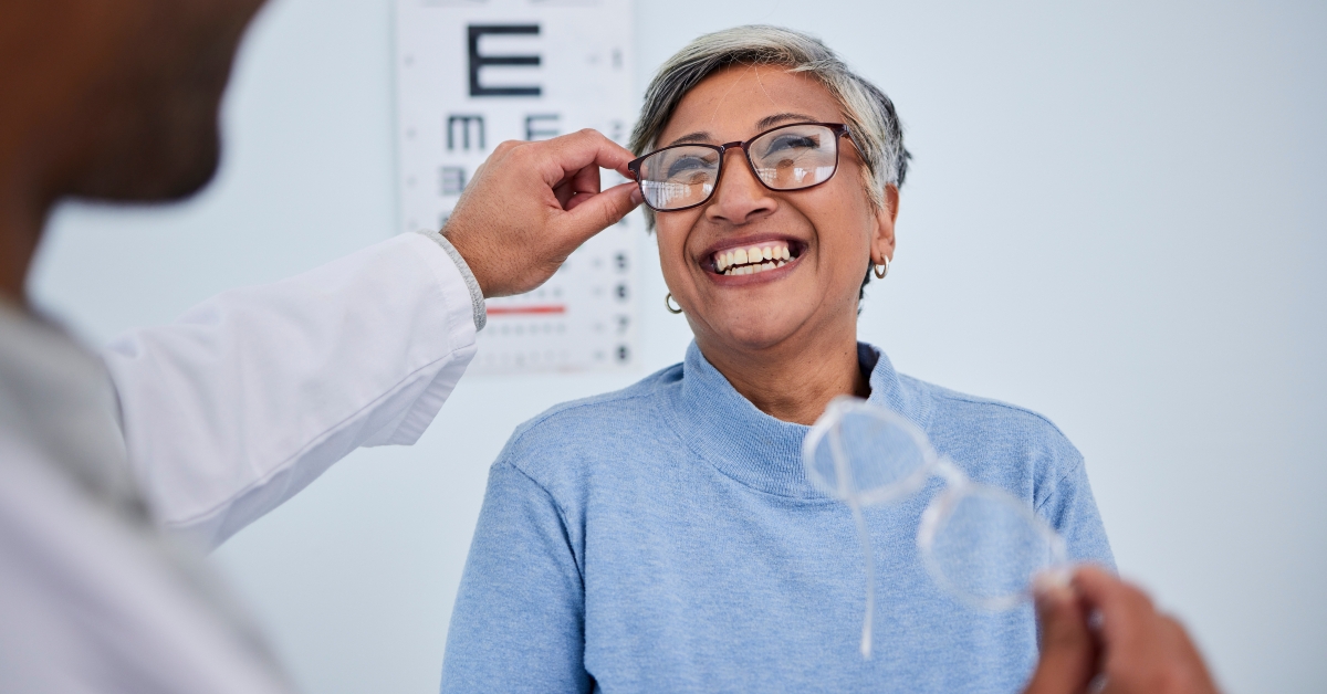 happy woman in eye test