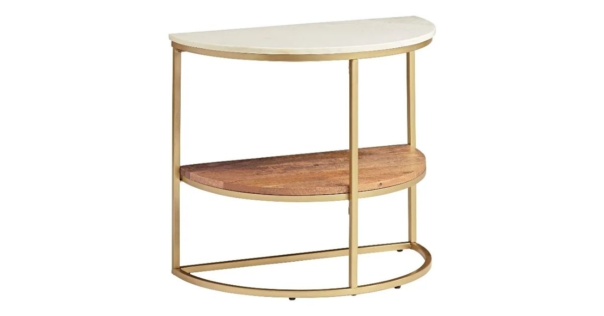 Piper Half Circle Marble Top Wood and Metal Side Table