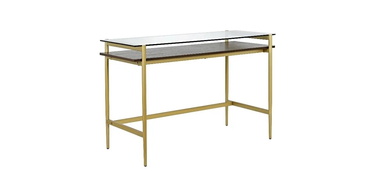 Ruta Brass and Walnut Glass Top Desk with Shelf