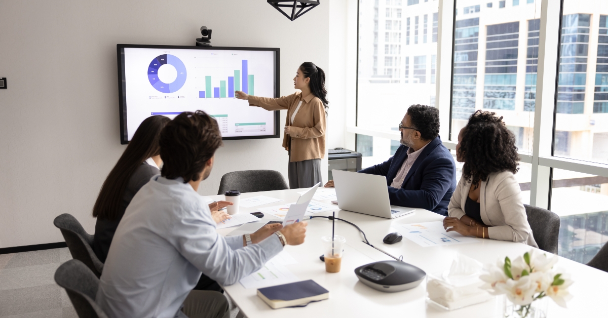 asian business leader woman presenting financial sales reports