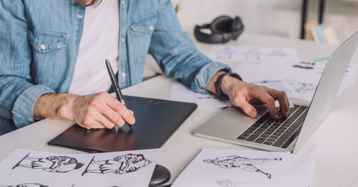 animator using gadgets near sketches 