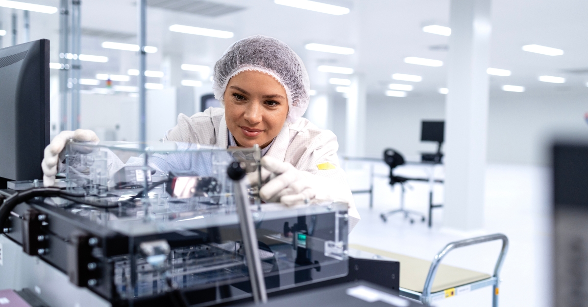 Female technologist worker controlling production process