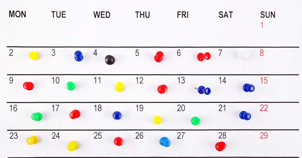 a calendar with colorful pins