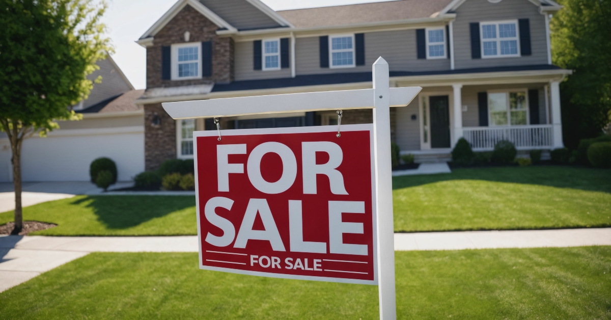 Red 'For Sale' sign in a grassy yard