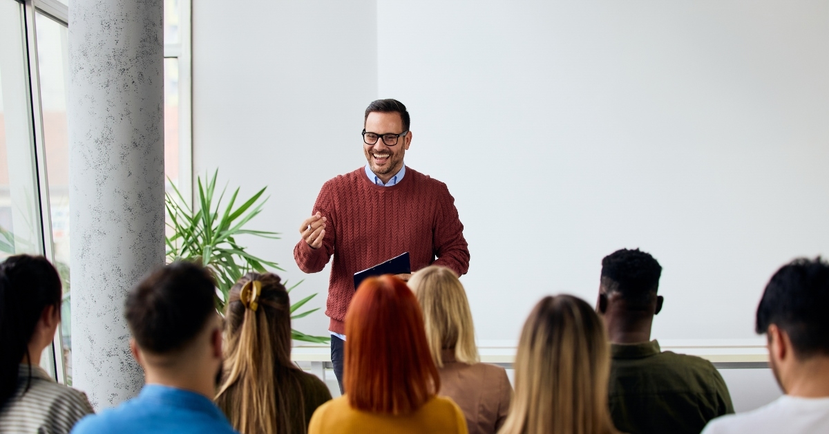 speaker engages with audience