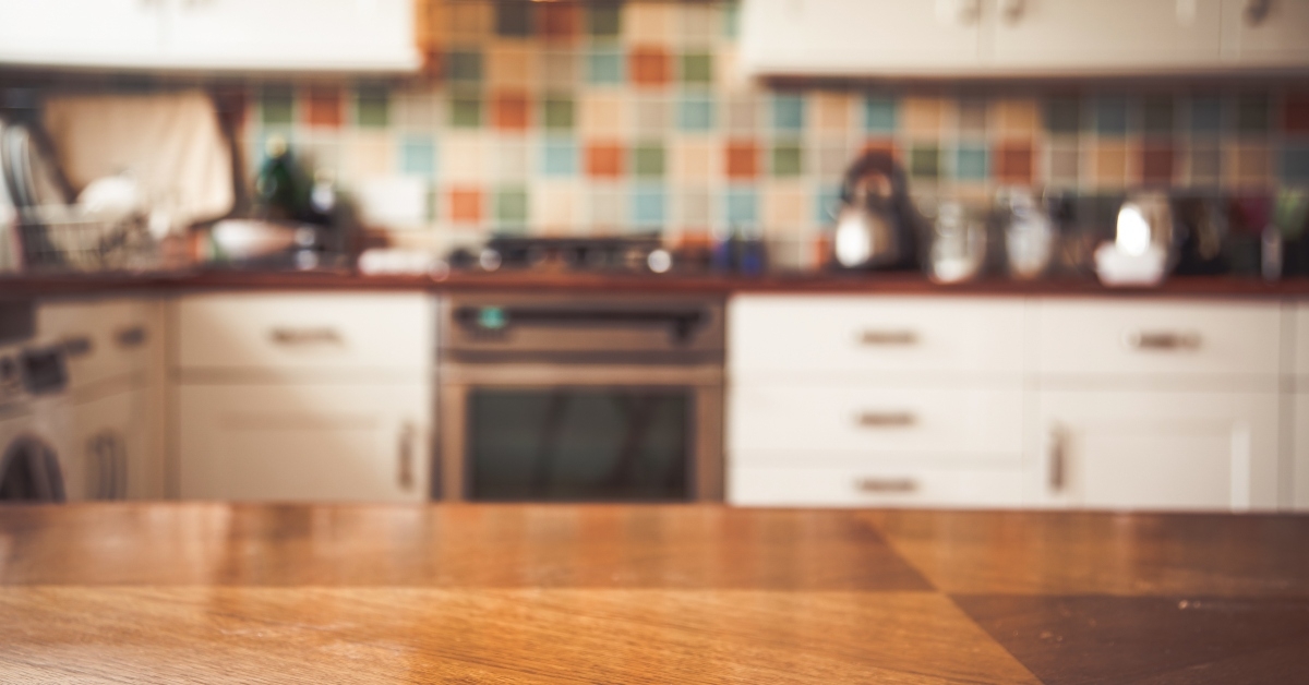 blurred kitchen interior and napkin and desk