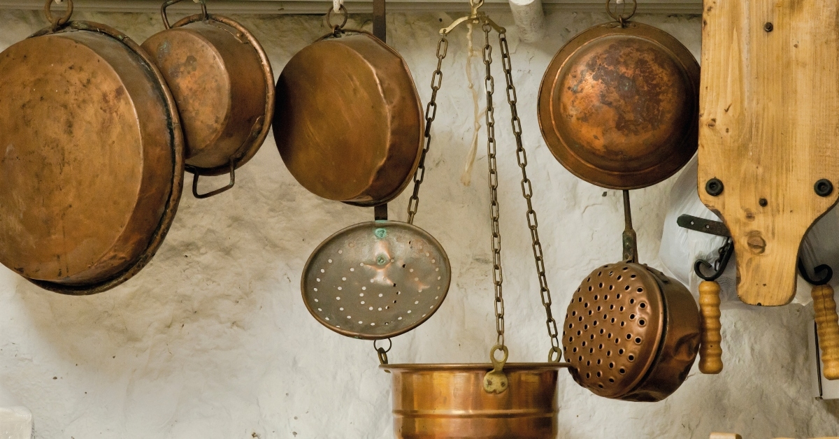 kitchen utensils pots copper pans
