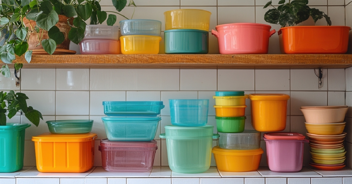 kitchenware arranged on a shelf