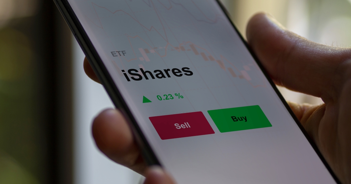 A phone displays the price of an iShares ETF