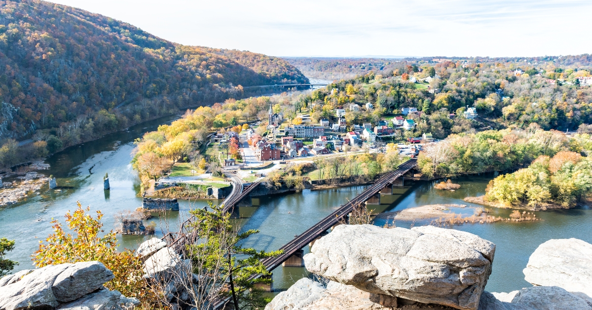 Harper's Ferry overlook with colorful orange yellow foliage during fall