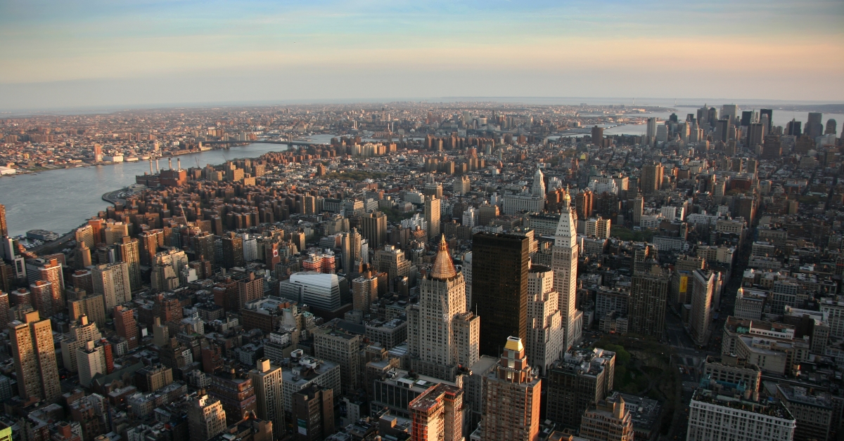 aerial view over east lower manhattan