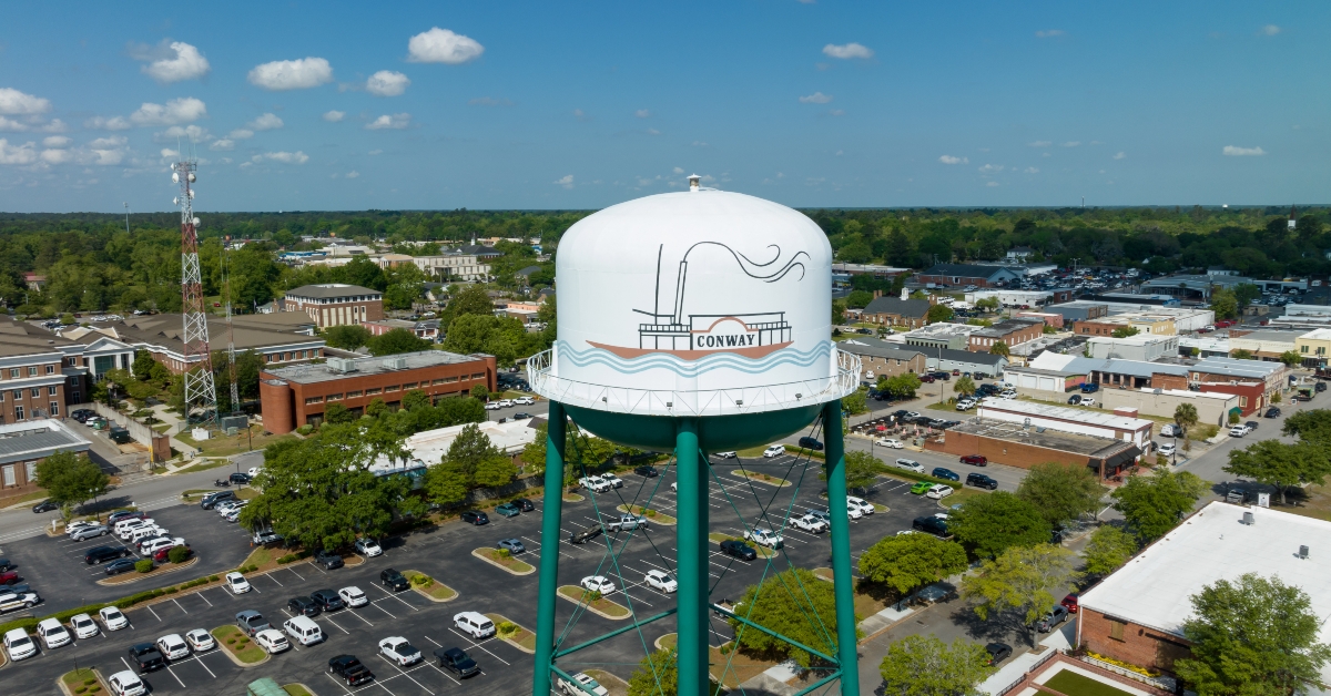 Aerial view of a small town called Conway