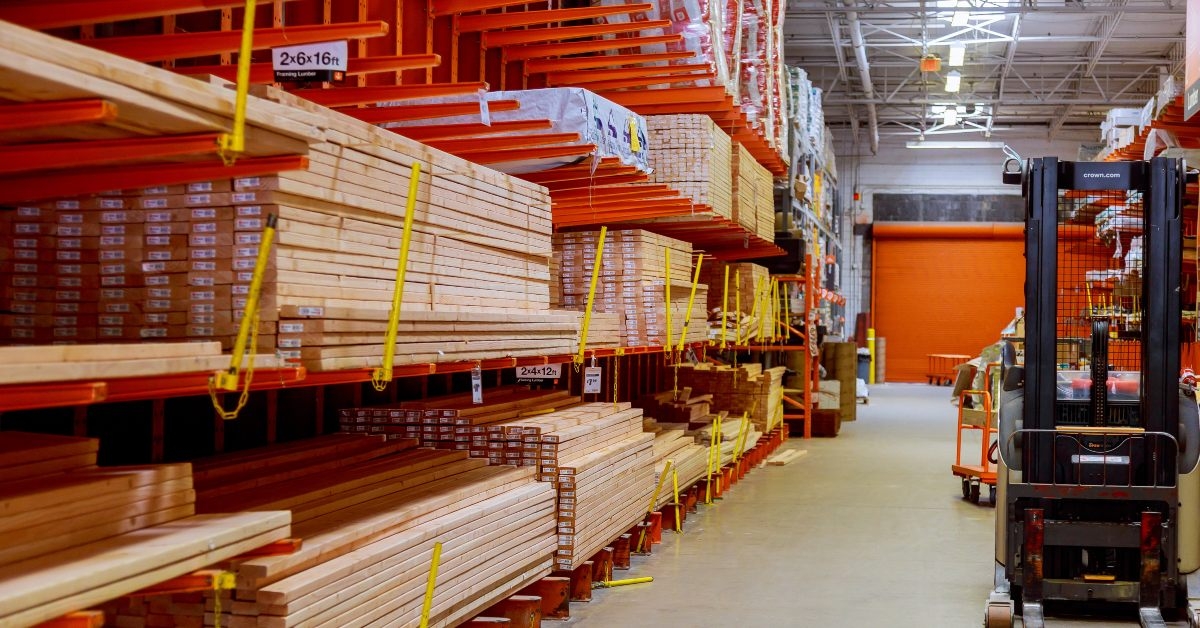 lumber section of home depot store