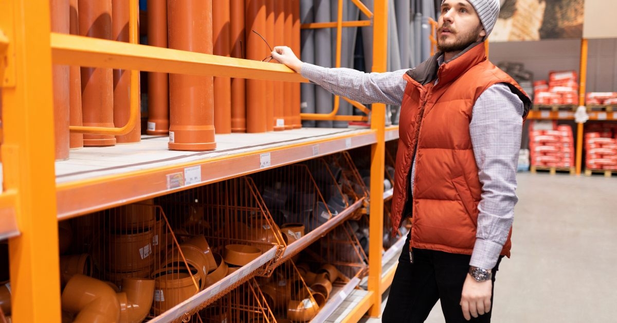 man chooses sewer plumbing pipes in a hardware