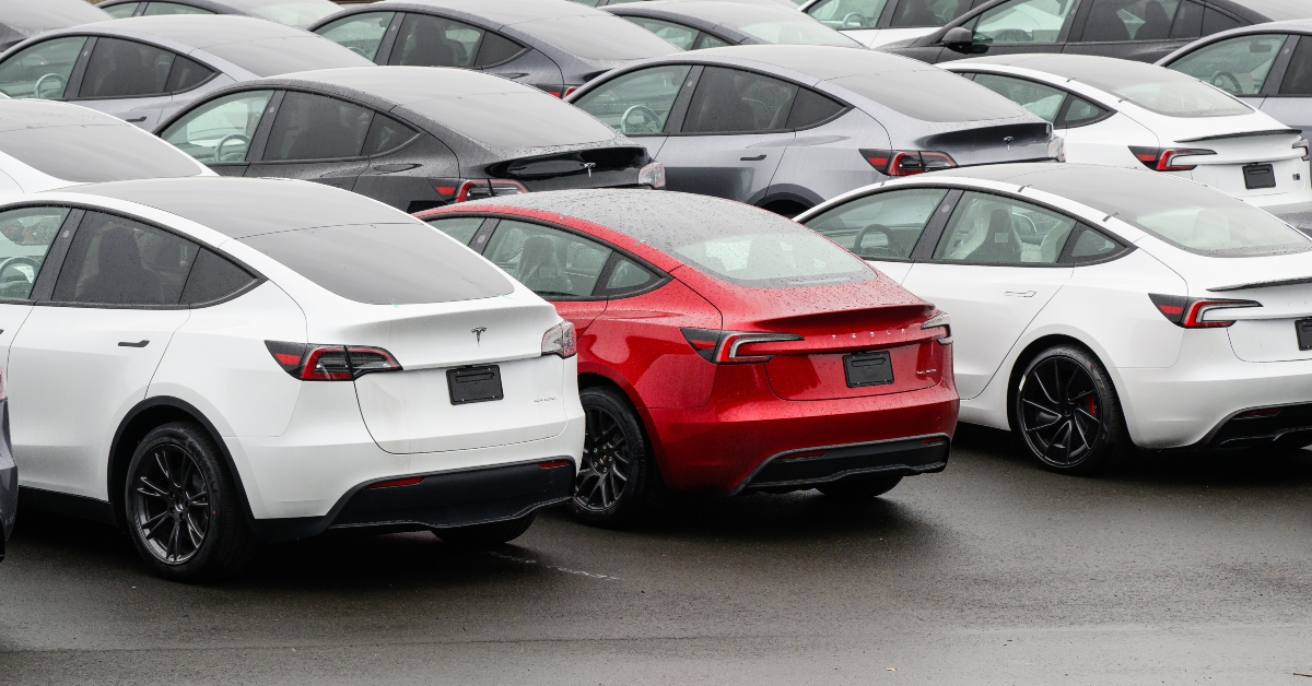 Tesla cars waiting delivery in parking lot
