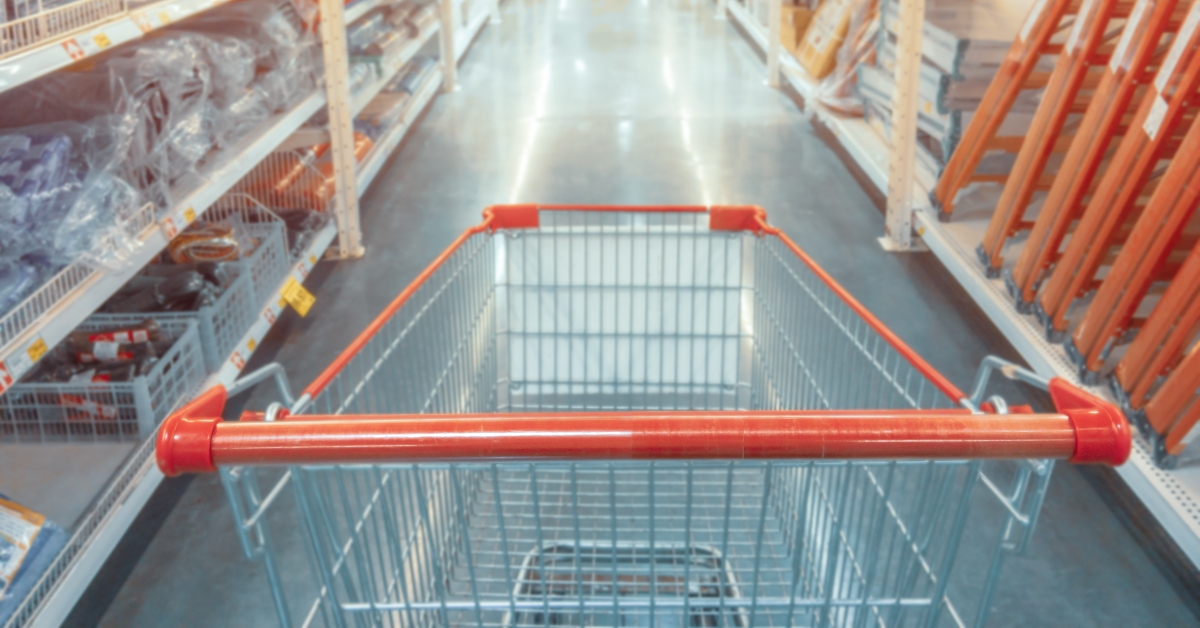 photo of hardware store with empty shopping cart