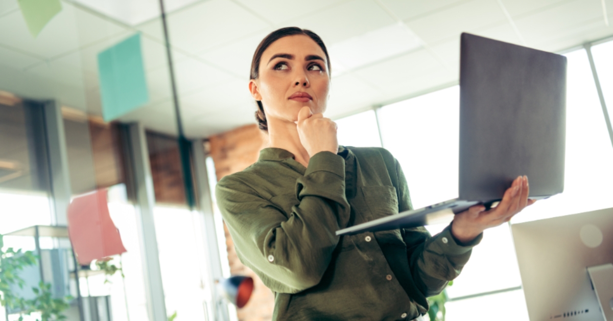 businesswoman considering ideas for a corporate project