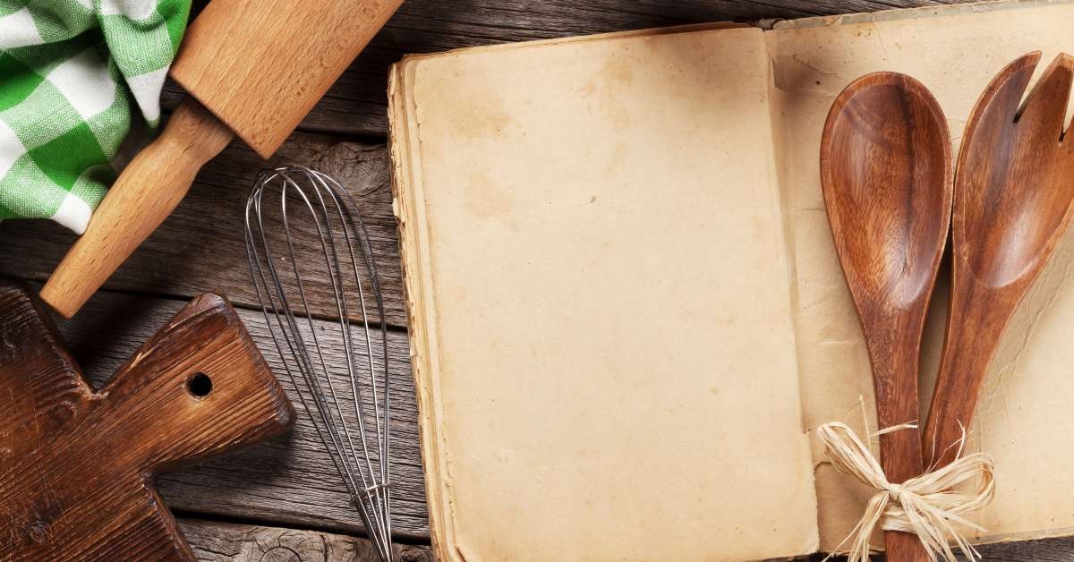 vintage recipe cooking book and utensils