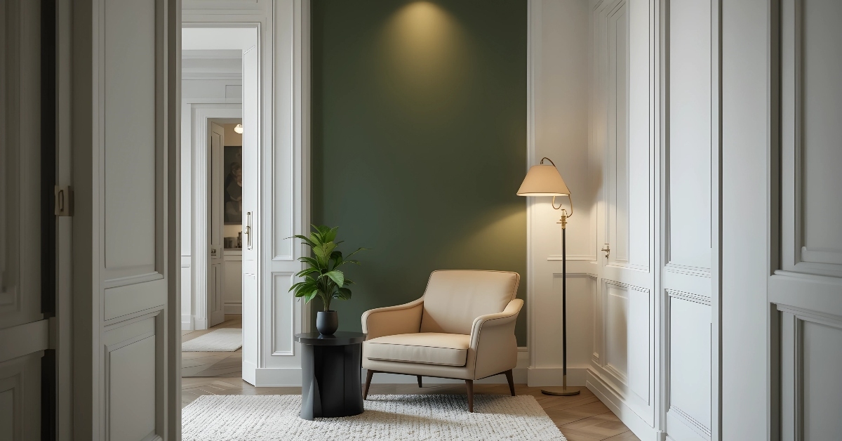 An olive green living room