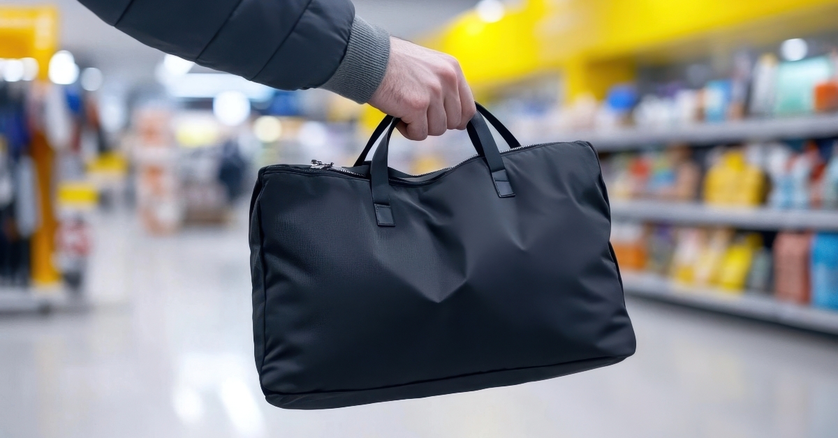 person holds a black bag