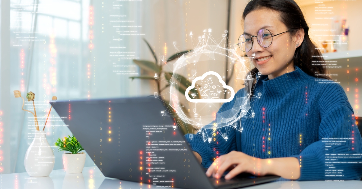 Woman uploading and transferring data