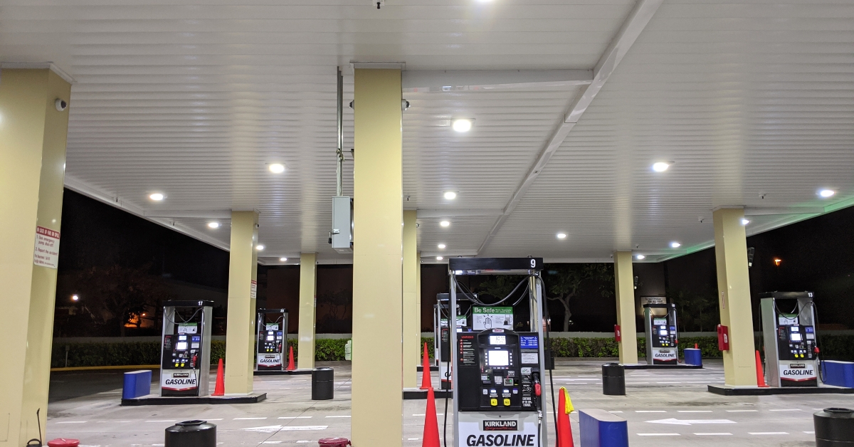 costco gasoline station at night 