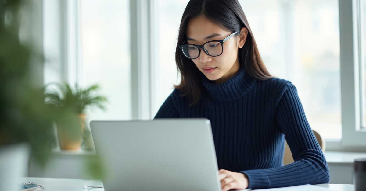 Asian woman works on laptop