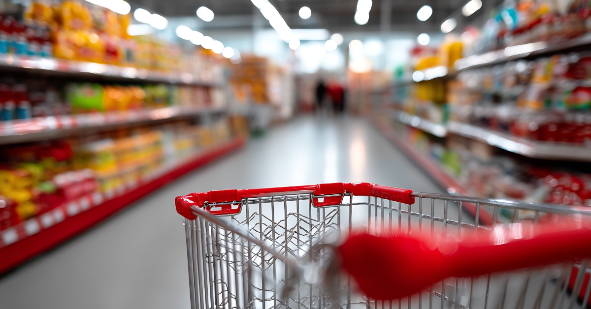 Shopping cart in aisle of supermarket
