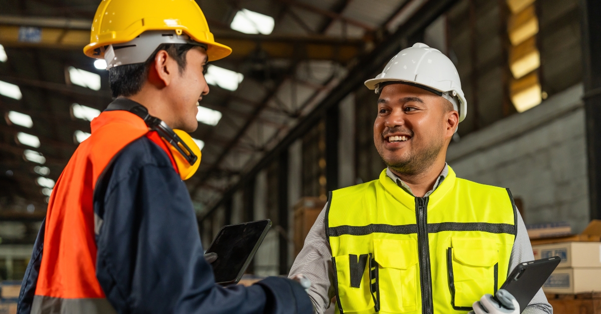 factory workers wearing safety helmet