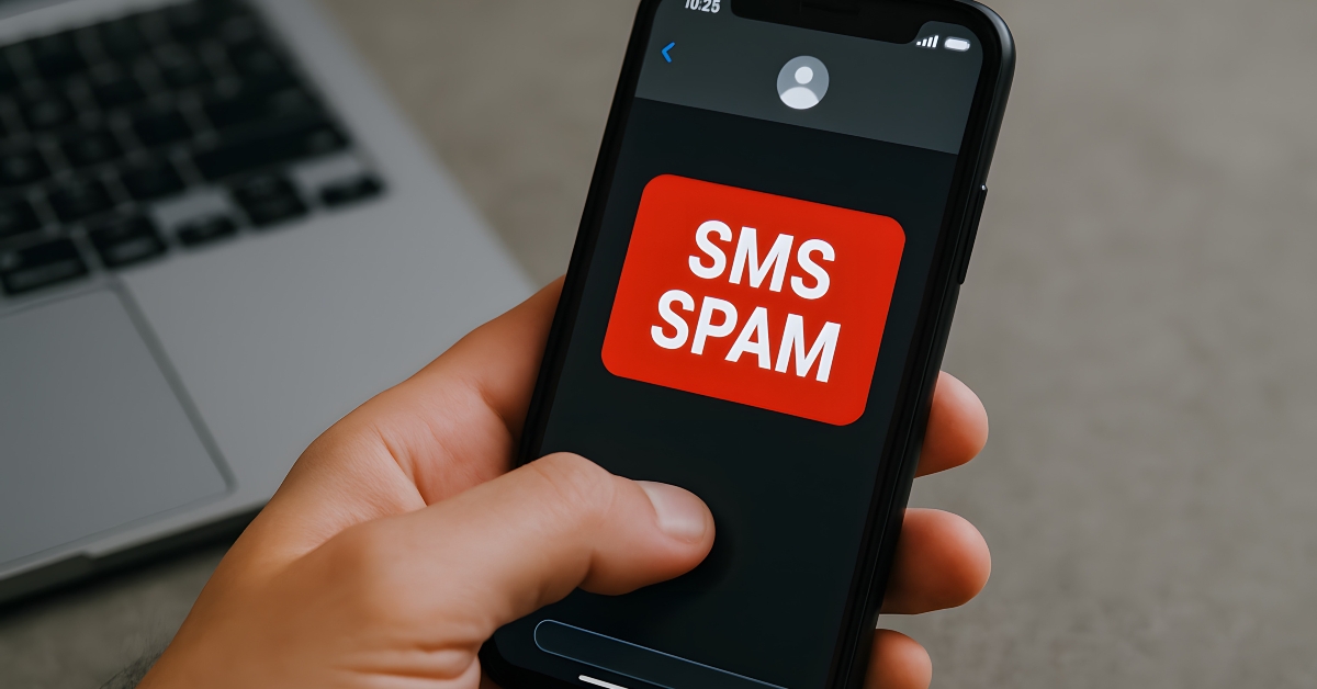 hand holding a smartphone displaying an SMS