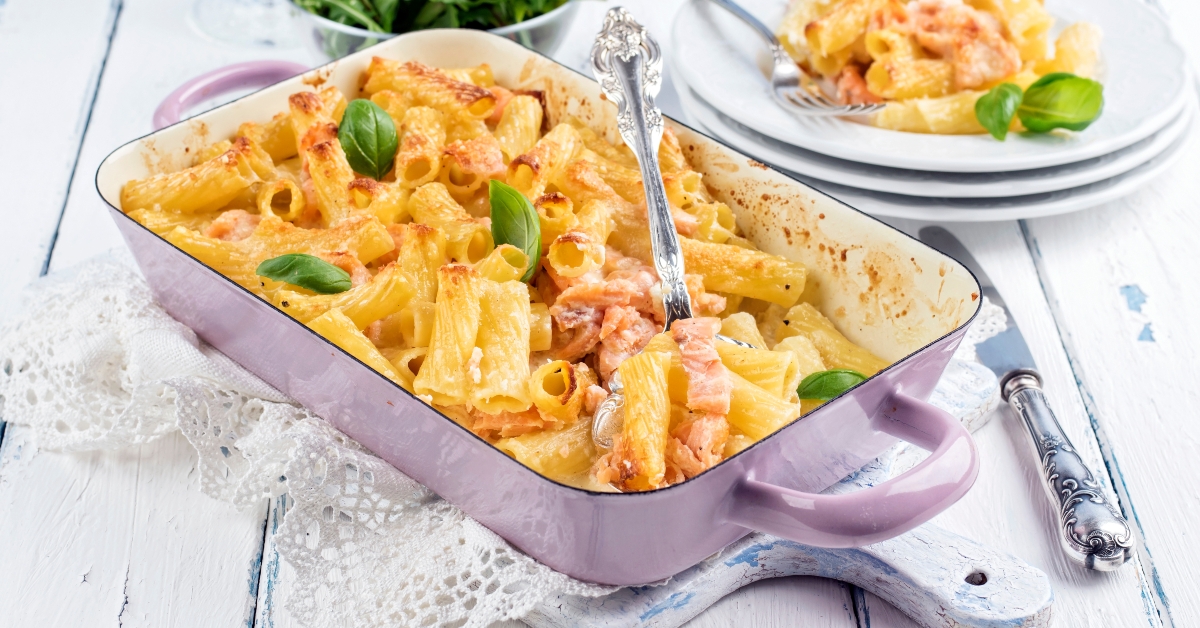 german pasta bake topped with salmon