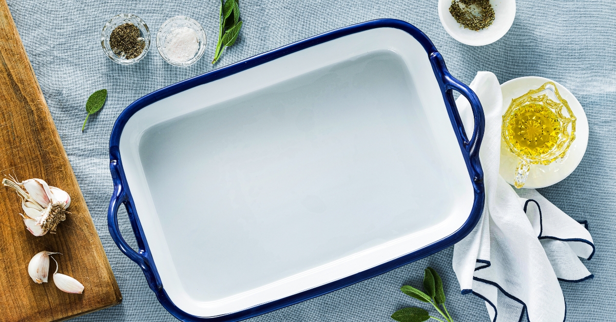 table setting with empty ceramic baking dish